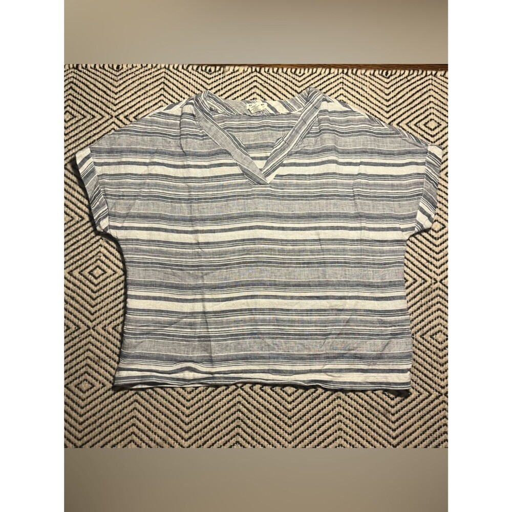 Blue white stripe 100% linen flowy blouse size L
